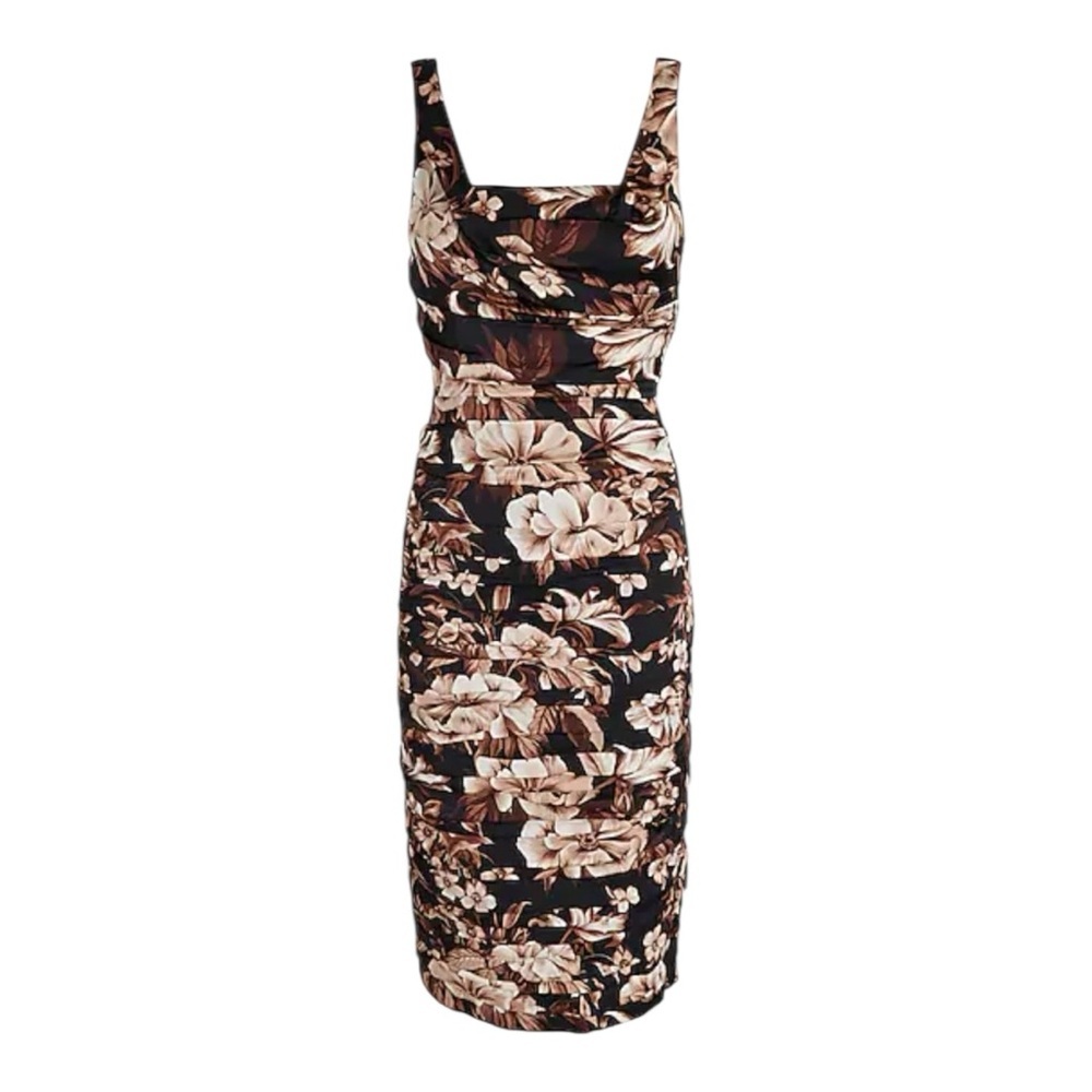 EXPRESS Satin Floral Draped Neck Ruched Midi Sheath Dress 6 NWT
